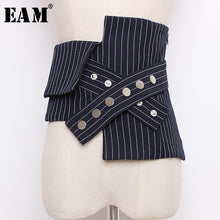 Load image into Gallery viewer, [EAM] 2020 Four Seasons  Fashionable Striped Spliced Hit Color Irregular Wide Zippers Covered Button Waist Wide Belt LD0415
