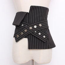 Load image into Gallery viewer, [EAM] 2020 Four Seasons  Fashionable Striped Spliced Hit Color Irregular Wide Zippers Covered Button Waist Wide Belt LD0415
